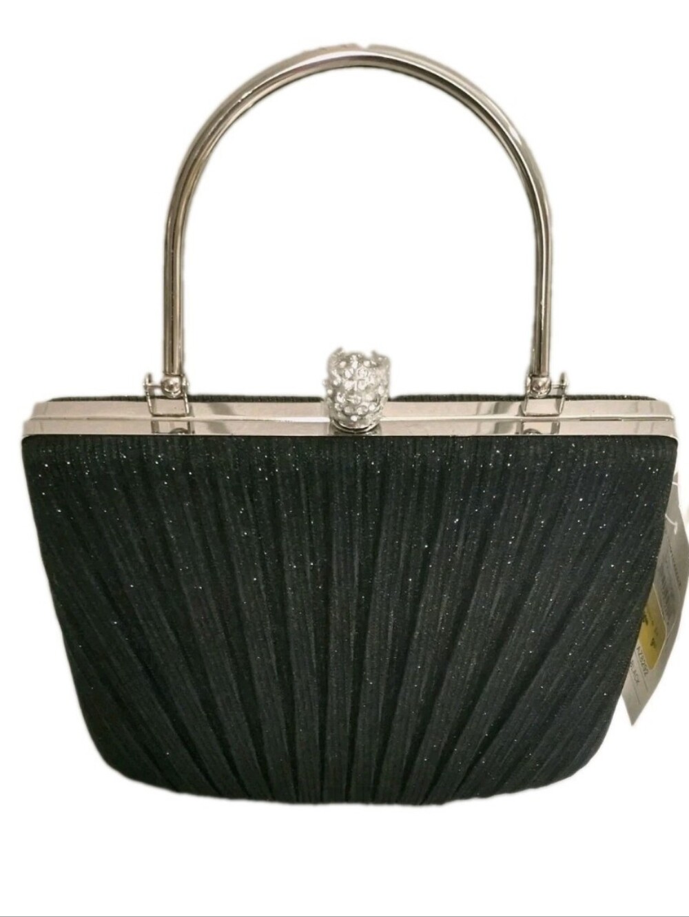 D'margeaux Black Shimmer Pleated Top Handle Evening Clutch Bag Silver Hardware